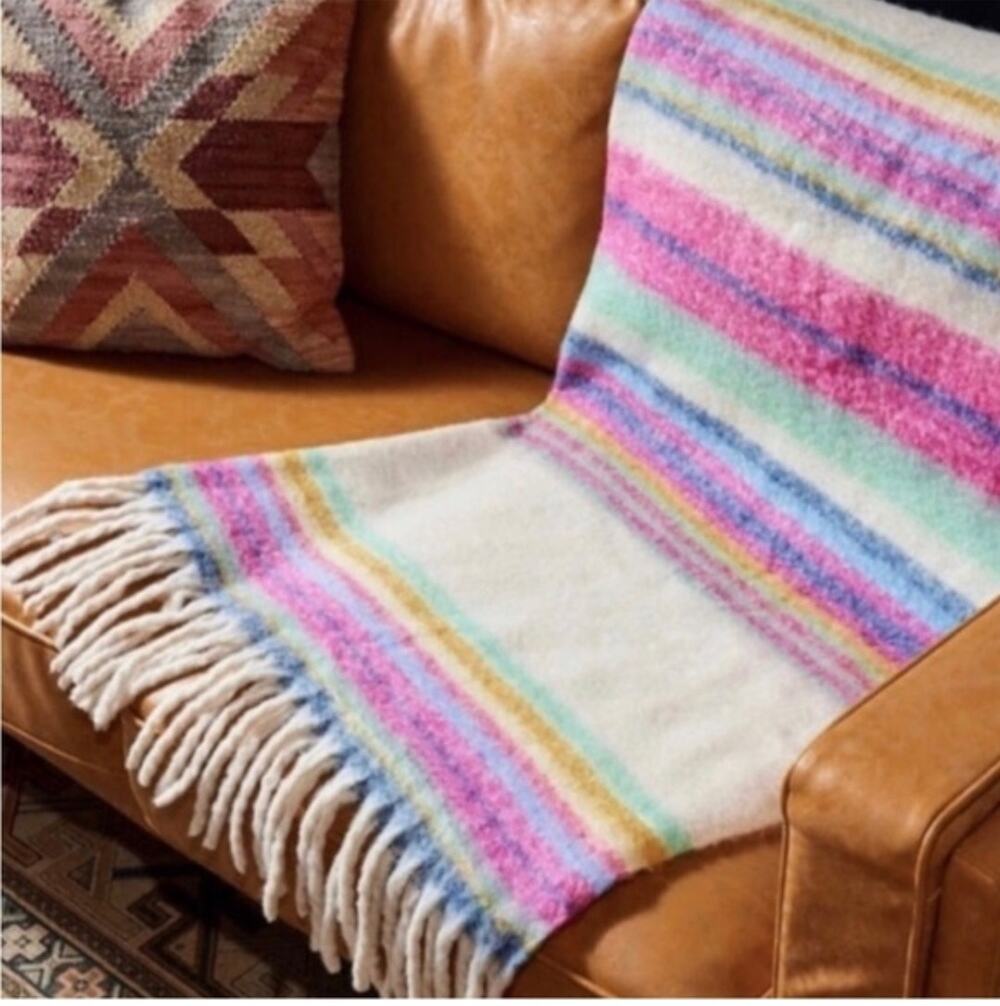 Free People Aztec Print Throw Blanket Fringe Tassels Chunky Knit Boho Cozy